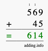 Calculate 569 + 45 using long addition