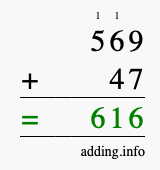 Calculate 569 + 47 using long addition