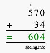 Calculate 570 + 34 using long addition