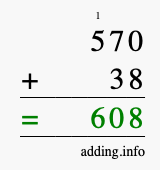 Calculate 570 + 38 using long addition