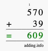 Calculate 570 + 39 using long addition