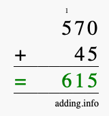 Calculate 570 + 45 using long addition