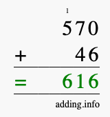 Calculate 570 + 46 using long addition