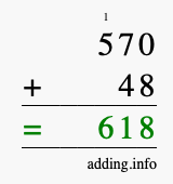 Calculate 570 + 48 using long addition