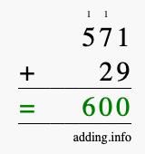 Calculate 571 + 29 using long addition
