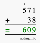Calculate 571 + 38 using long addition