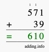 Calculate 571 + 39 using long addition
