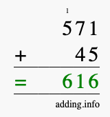 Calculate 571 + 45 using long addition