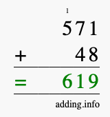 Calculate 571 + 48 using long addition