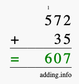 Calculate 572 + 35 using long addition