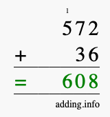 Calculate 572 + 36 using long addition