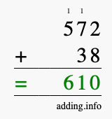 Calculate 572 + 38 using long addition