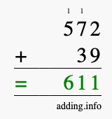 Calculate 572 + 39 using long addition