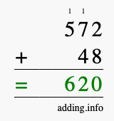 Calculate 572 + 48 using long addition