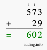 Calculate 573 + 29 using long addition