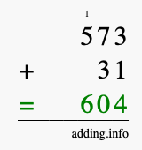Calculate 573 + 31 using long addition