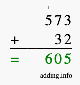 Calculate 573 + 32 using long addition