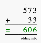 Calculate 573 + 33 using long addition
