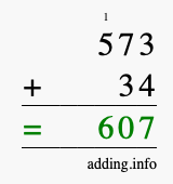 Calculate 573 + 34 using long addition