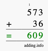Calculate 573 + 36 using long addition