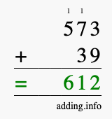 Calculate 573 + 39 using long addition