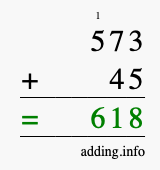 Calculate 573 + 45 using long addition