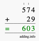 Calculate 574 + 29 using long addition