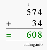 Calculate 574 + 34 using long addition