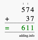 Calculate 574 + 37 using long addition