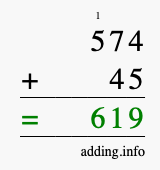 Calculate 574 + 45 using long addition