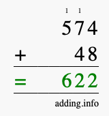 Calculate 574 + 48 using long addition