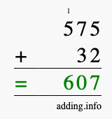 Calculate 575 + 32 using long addition