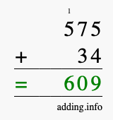 Calculate 575 + 34 using long addition