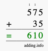 Calculate 575 + 35 using long addition