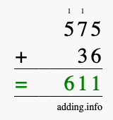 Calculate 575 + 36 using long addition