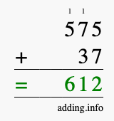 Calculate 575 + 37 using long addition