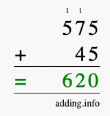 Calculate 575 + 45 using long addition