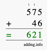 Calculate 575 + 46 using long addition