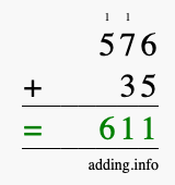 Calculate 576 + 35 using long addition