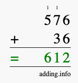 Calculate 576 + 36 using long addition