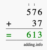 Calculate 576 + 37 using long addition