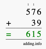 Calculate 576 + 39 using long addition