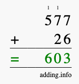 Calculate 577 + 26 using long addition