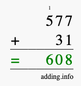 Calculate 577 + 31 using long addition