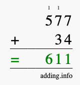 Calculate 577 + 34 using long addition