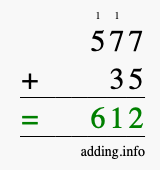 Calculate 577 + 35 using long addition