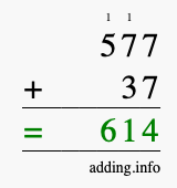 Calculate 577 + 37 using long addition