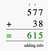 Calculate 577 + 38 using long addition