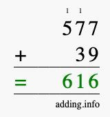 Calculate 577 + 39 using long addition