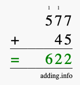 Calculate 577 + 45 using long addition